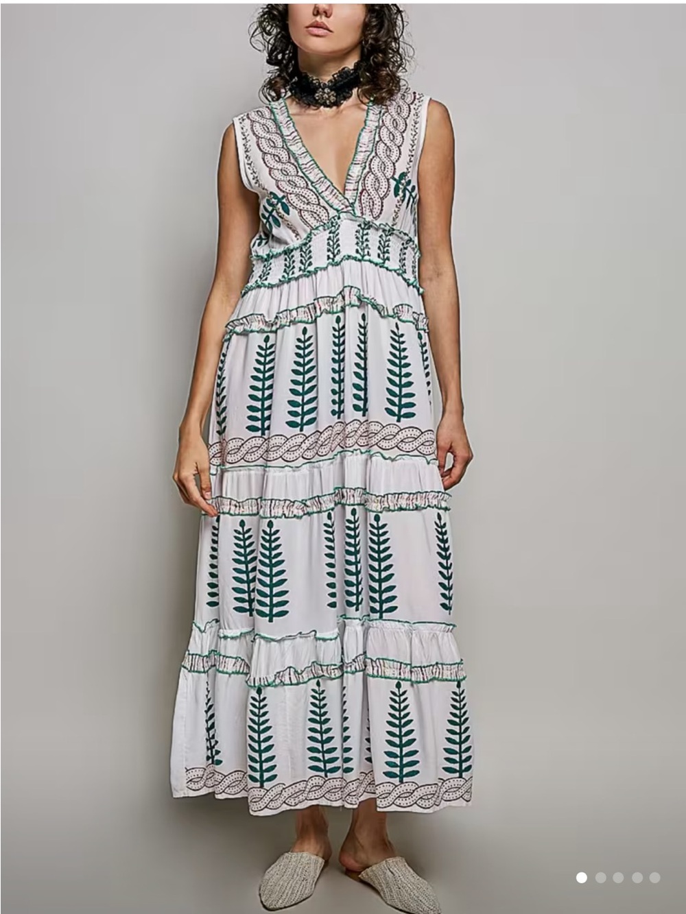 POL White Maxi Skirt with Green Botanical Print